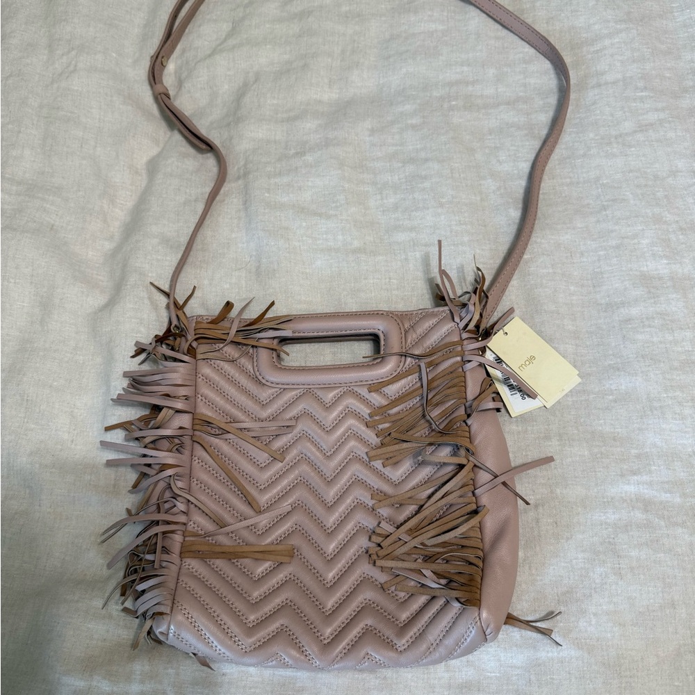 Maje Quilted Crossbody Bag with Fringe in Taupe